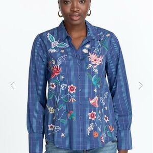 Johnny Was Blue Plaid Shirt with Floral Embroidery